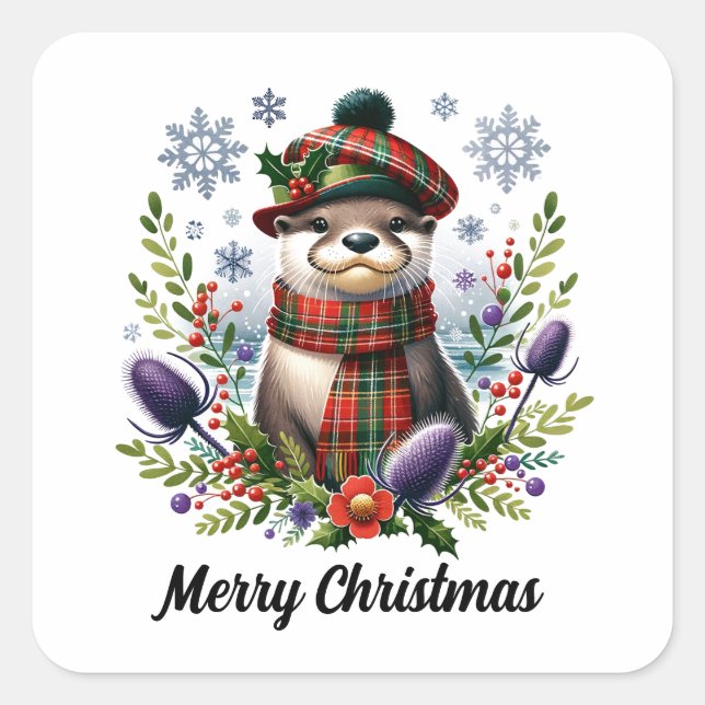 Scottish Christmas Otter Christmas with Thistle Square Sticker (Front)
