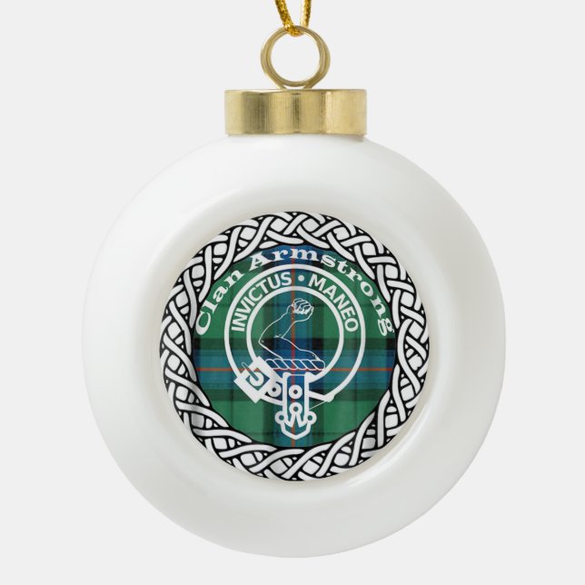 Scottish Clan Armstrong Tartan and Crest Ceramic Ball Christmas Ornament (Front)