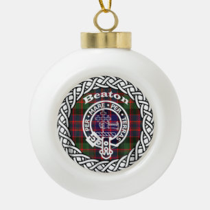 Scottish Clan Beaton Tartan and Crest Ceramic Ball Christmas Ornament