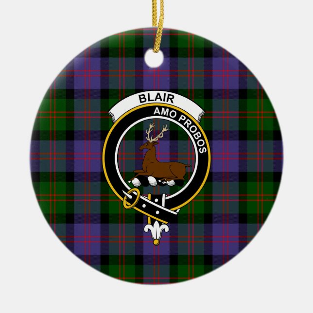 Scottish Clan Blair Modern Tartan and Crest Ceramic Tree Decoration (Front)