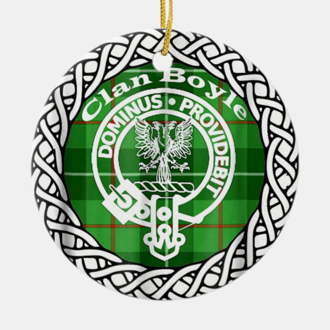 Scottish Clan Boyle Tartan and Crest Ceramic Tree Decoration (Front)