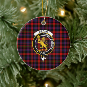 Scottish Clan Broun Modern Tartan and Crest Ceramic Tree Decoration