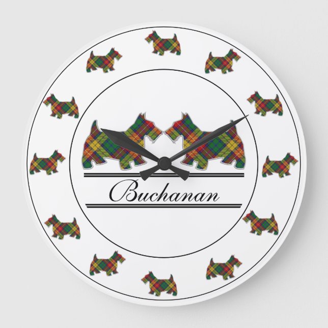 Scottish Clan Buchanan Tartan Plaid Scottie Dogs Large Clock (Front)