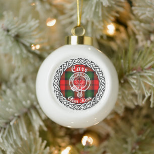 Scottish Clan Carr Tartan and Crest Ceramic Ball Christmas Ornament
