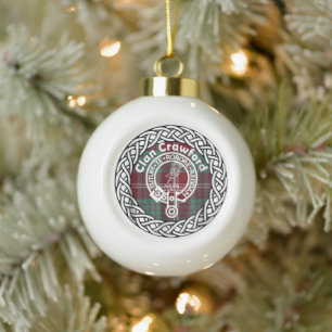 Scottish Clan Crawford Tartan and Crest Ceramic Ball Christmas Ornament
