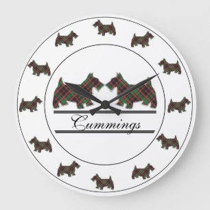 Scottish Clan Cumming Hunting Tartan Scottie Dogs Large Clock