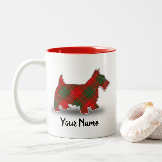 Scottish Clan Cumming Red Tartan Scottish Terrier Two-Tone Coffee Mug (With Donut)