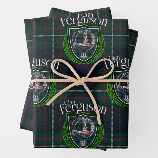 Scottish Clan Ferguson Tartan & Crest Wrapping Paper Sheet (In situ)