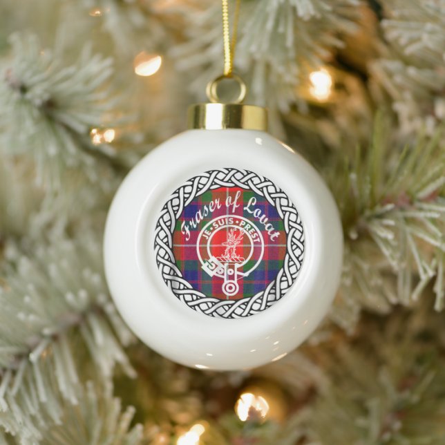Scottish Clan Fraser of Lovat  Tartan and Crest Ceramic Ball Christmas Ornament (Tree)