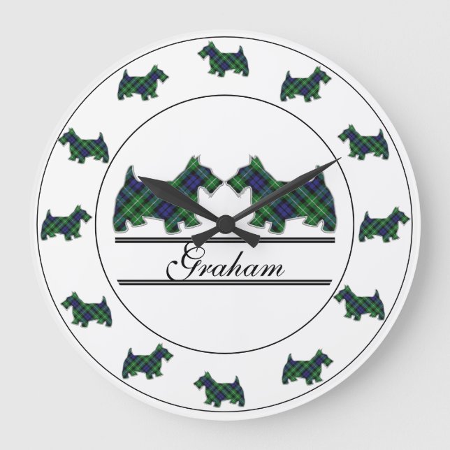 Scottish Clan Graham Tartan Plaid Scottie Dogs Large Clock (Front)