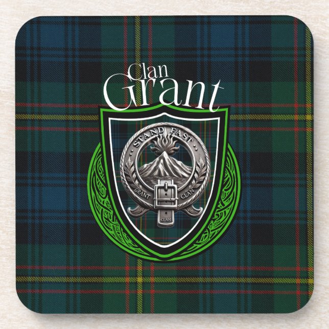 Scottish Clan Grant Tartan and Crest Coaster (Front)