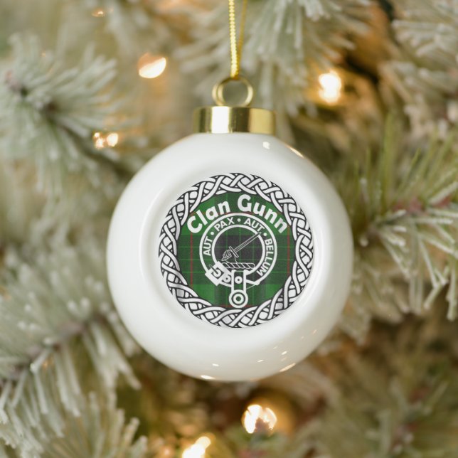 Scottish Clan Gunn Tartan and Crest Ceramic Ball Christmas Ornament (Tree)