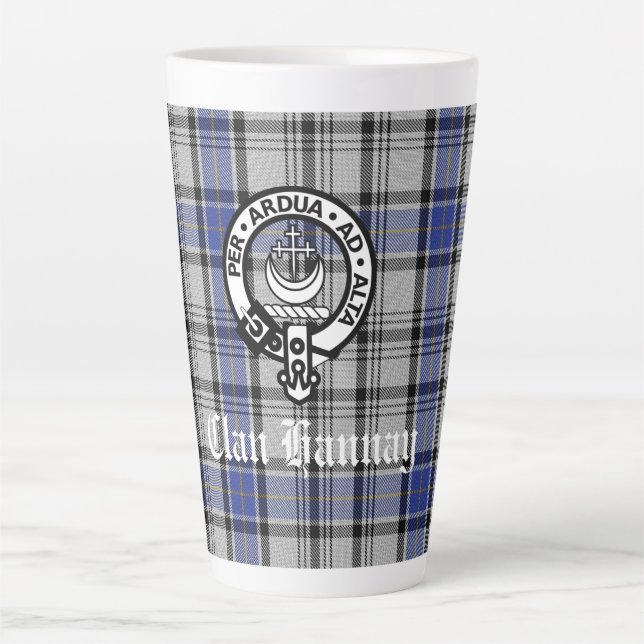 Scottish Clan Hannay Crest Badge and Tartan Custom Latte Mug (Front)