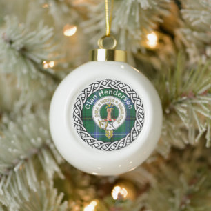 Scottish Clan Henderson Old Tartan and Crest Ceramic Ball Christmas Ornament