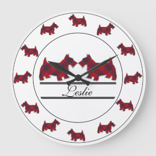 Scottish Clan Leslie Red Tartan Scottie Dogs Large Clock