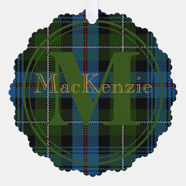Scottish Clan MacKenzie Tartan Gold Name-Initial Tree Decoration Card (Front)