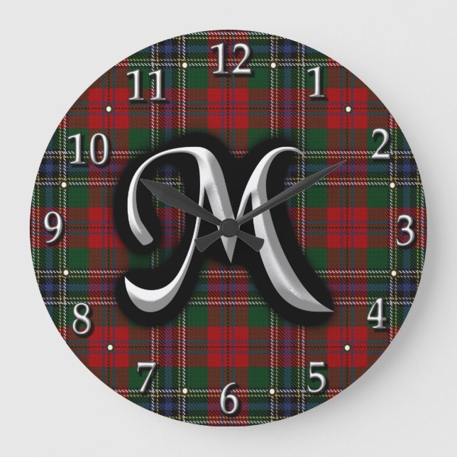 Scottish Clan MacLean Letter M Monogram Tartan Large Clock (Front)