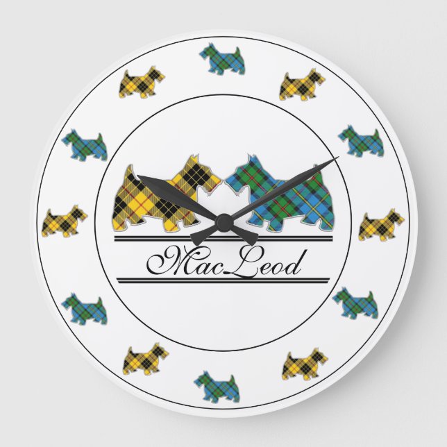 Scottish Clan MacLeod 2 in 1 Tartan Scottie Dogs Large Clock (Front)