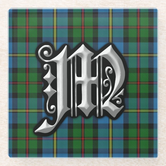 Scottish Clan MacLeod Letter M Monogram Tartan Glass Coaster (Front)