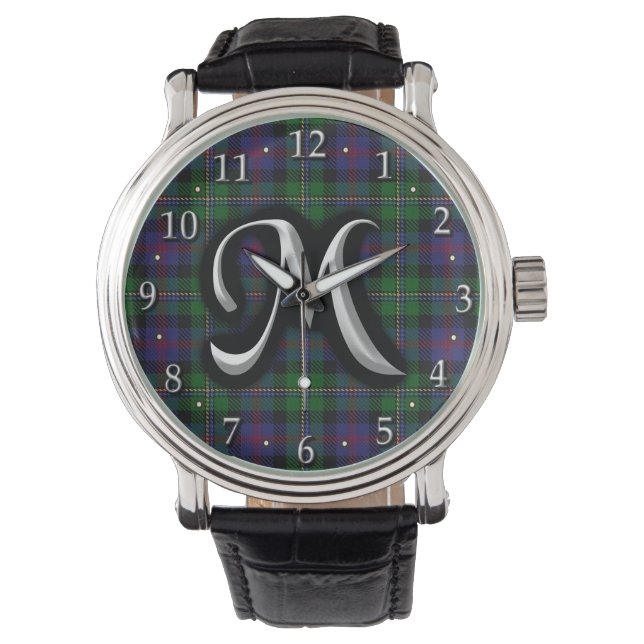 Scottish Clan Malcolm Letter M Monogram Tartan Watch (Front)