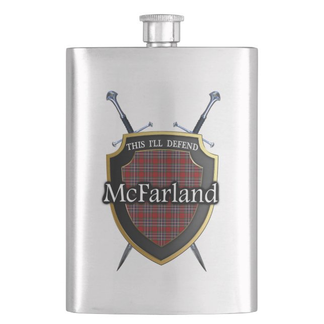 Scottish Clan McFarland Tartan Shield and Swords Hip Flask (Front)