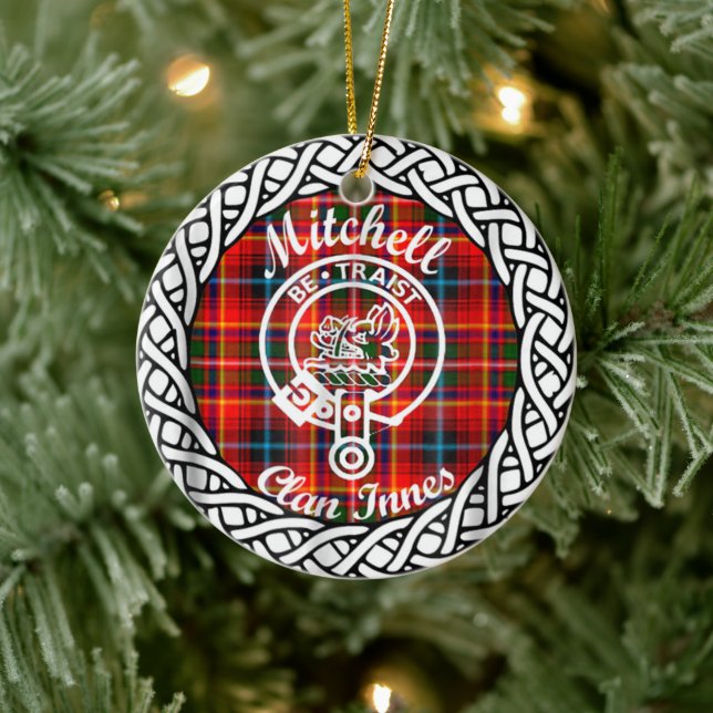 Scottish Clan Mitchell Tartan and Crest Ceramic Tree Decoration (Tree)