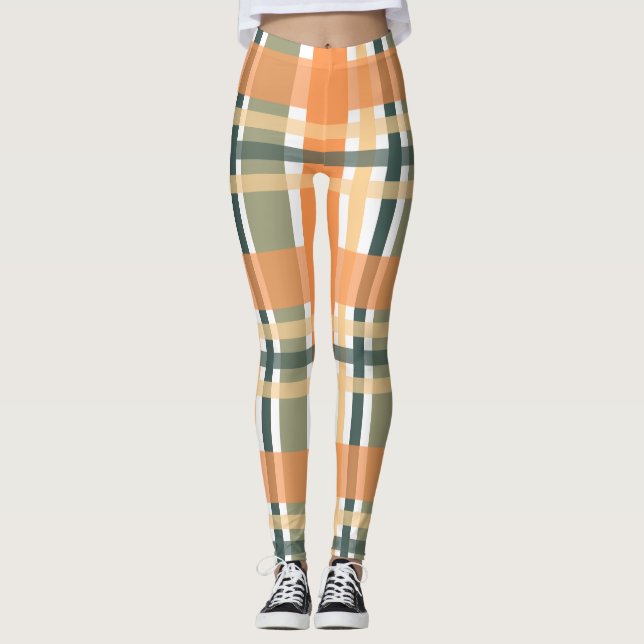 Scottish clan plaid orange green tartan chequered  leggings (Front)