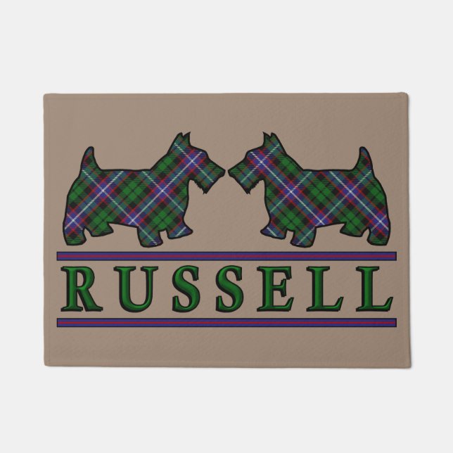 Scottish Clan Russell Tartan Scottie Dogs Doormat (Front)