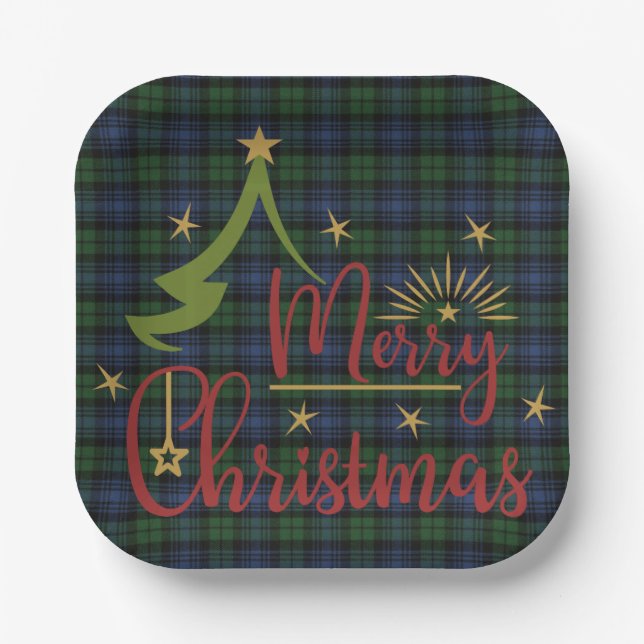 Scottish Clan Tartan Black Watch A Merry Christmas Paper Plate (Front)