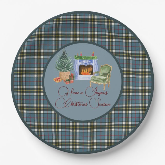 Scottish Clan Tartan Thompson Blue Christmas Paper Plate (Front)
