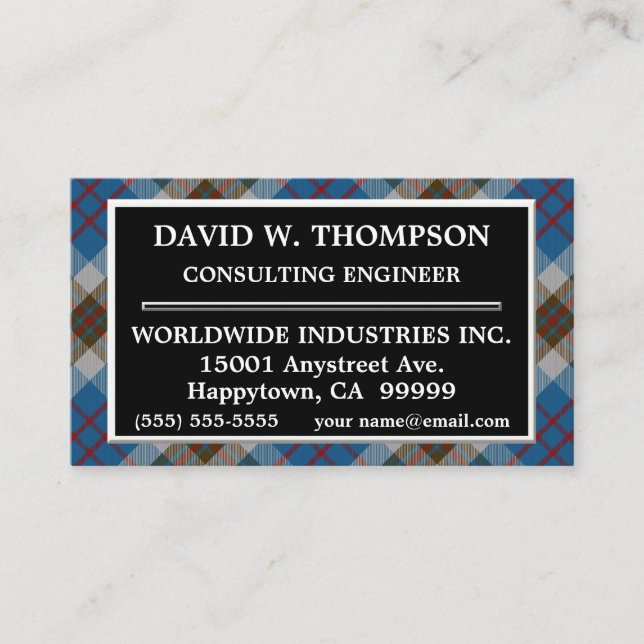 Scottish Clan Thompson Blue Grey Tartan Plaid Business Card (Front)