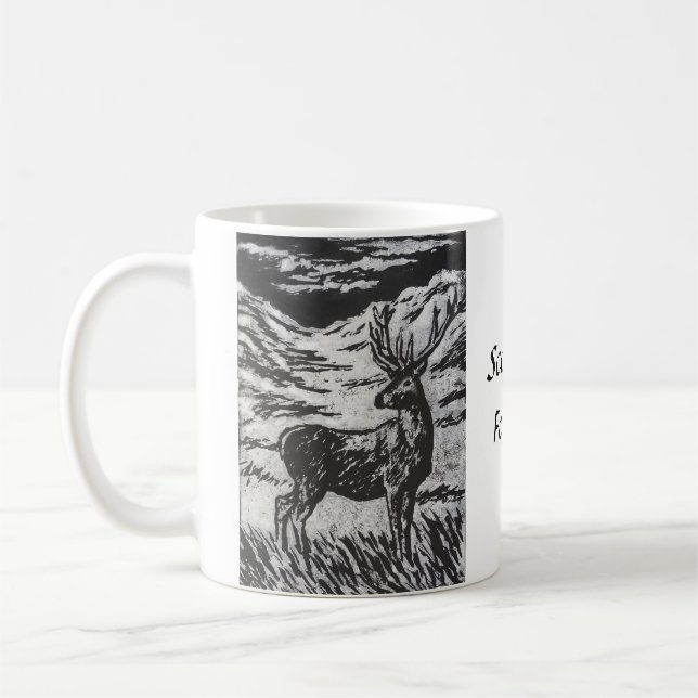 Scottish Deer in Snowy Glen Black & White Linocut Coffee Mug (Left)