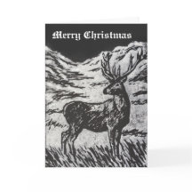 Scottish Deer in Snowy Glen Black & White Linocut