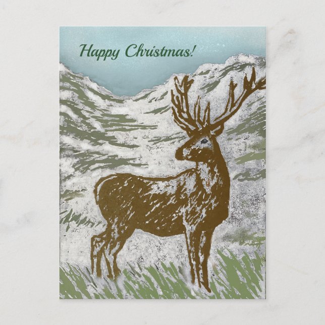 Scottish Deer in Snowy Glen Print Happy Christmas! Holiday Postcard (Front)