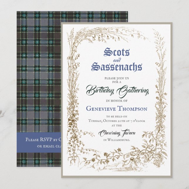 Scottish Flora Sassenach Blue Birthday Invitation (Front/Back)