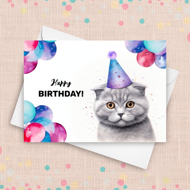 Scottish Fold Cat Balloons and Party Hat Birthday Card (Creator Uploaded)