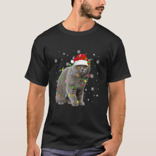 Scottish Fold Cat Christmas Lights Funny Santa Hat T-Shirt