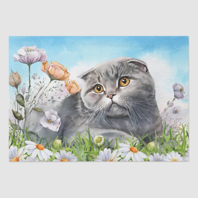 Scottish Fold Cat Floral Watercolor Tissue Paper (Front)