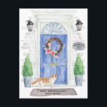 Scottish Fold Cat Moving Announcement Postcard<br><div class="desc">Announce your new address with our stylish announcement featuring a Scottish Fold cat,  blue front door,  welcome mat,  slate sign,  topiaries and a floral wreath set on a grey brick background.</div>