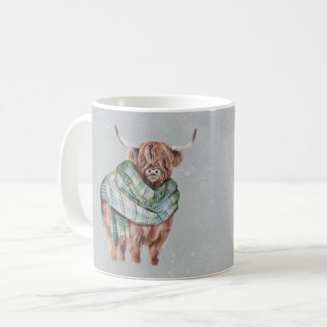 Scottish Green Tartan Highland Cow Personalised Coffee Mug (Front Left)