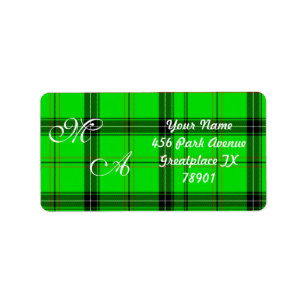 Scottish Green Tartan Plaid Fabric With Monogram Label