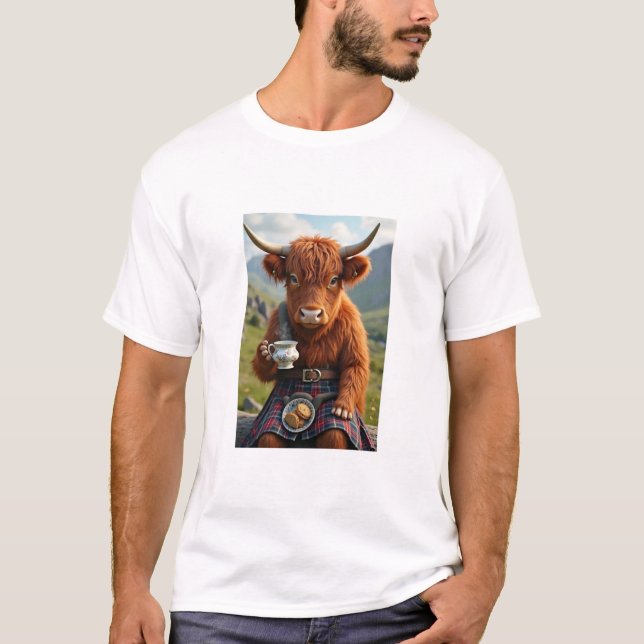 Scottish Hairy Coo Cow having tea t-shirt (Front)