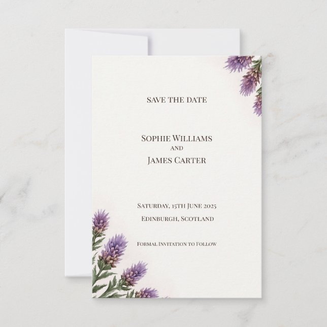 Scottish Heather Lavender Corner Wedding Save The  Date (Front)