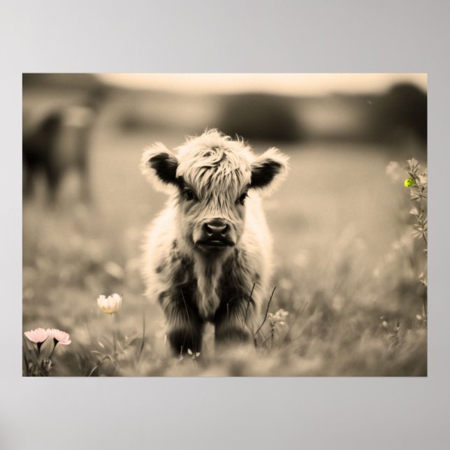 Scottish Highland Calf Baby Cow Miniature Sepia Poster (Front)