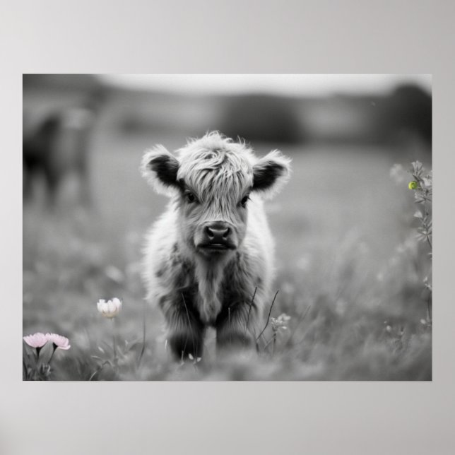 Scottish Highland Calf Baby Cow Soft Black White  Poster (Front)