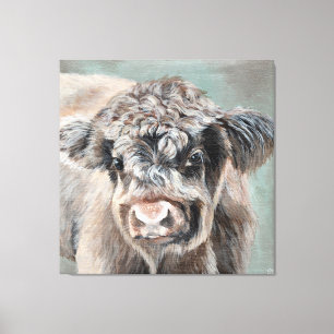 Scottish Highland Calf on Green Canvas Print