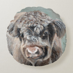 Scottish Highland Calf on Green Round Cushion