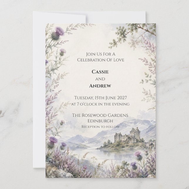 Scottish Highland Castle Thistle Wedding Invitation (Front)