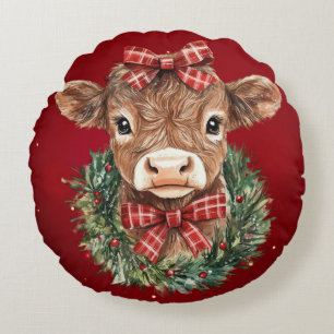 Scottish Highland Cow at Christmas Time Round Cushion