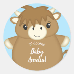 Scottish Highland Cow Baby Shower Blue Classic Round Sticker
